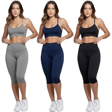 Imagem de KIT 3 Conjunto Top Alça Fina Bermuda Ciclista Vekyo Roupa Para Academia Moda Fitness Musculação-Feminino