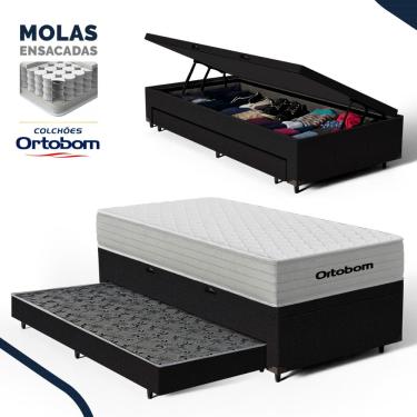 Imagem de Cama Box Baú com Colchão de Molas Ensacadas Ortobom One Face Plenno Superpocket + Auxiliar de Espuma Solteiro 88cm
