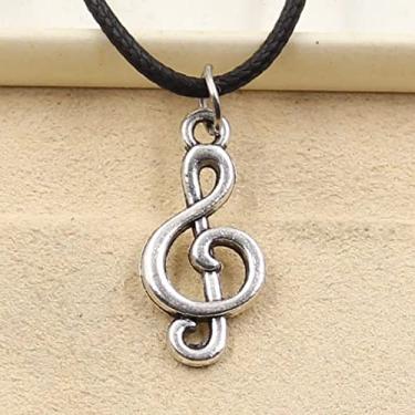 Imagem de EDCRFV Colar pingente de prata tibetana nota musical berloque cordão de couro preto feito à mão