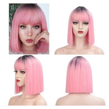Imagem de Perucas femininas sintéticas perucas curtas com franja para mulheres, preto, rosa, roxo, vermelho, natural, cabelo humano (cor: 1B-rosa, comprimento esticado: 35,5 cm)