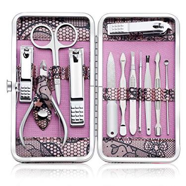 Imagem de Conjunto de manicure profissional kit de cortadores de unhas pedicure ferramentas de cuidado - kit de cuidados de aço inoxidável 12 peças para viagem ou casa (rosa)