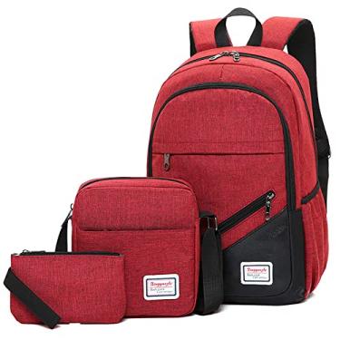 Imagem de Mochila de viagem para laptop 3 peças/conjunto feminino masculino nylon impermeável mochila de negócios para uso diário, mochila casual leve de trabalho, vermelha, 46 * 30 cm