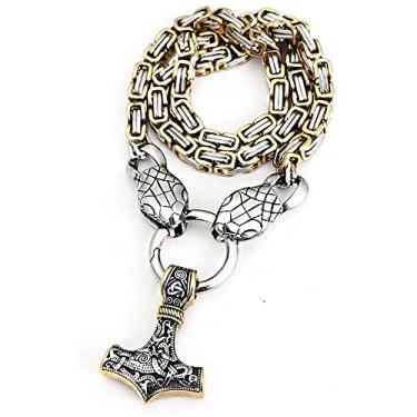 Imagem de XLTFZY Amuleto Viking Masculino Colar Vintage Pingente Martelo do Thor Colar Aço Inoxidável Cabeça de Cobra Corrente Imperador Mitologia Nórdica Jóias Pagãas/Ouro/Corrente de 60 cm