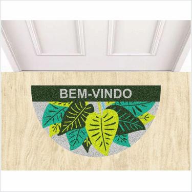Imagem de Tapete Capacho Bem Vindo, Formato Meia Lua Com Plantas.