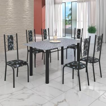 Imagem de Conjunto Sala de Jantar Bahia Mesa Tubo 140x75cm Tampo Pedra Granito com 6 Cadeiras Preto Floral/preto Fosco