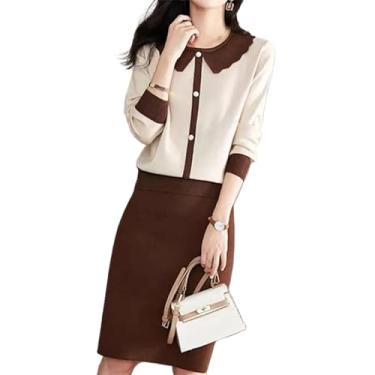 Imagem de Saia de malha feminina coreana para escritório casual lapela chique blusa de malha reta, Cor creme, M