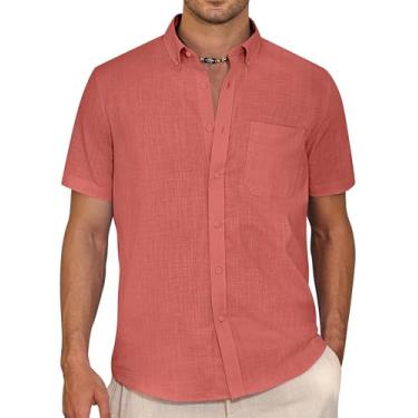 Imagem de Alimens & Gentle Camisa masculina de linho de manga curta casual de algodão com colarinho camisas de praia de verão, Vermelho coral, 3G
