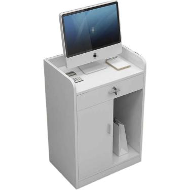 Imagem de Balcão de recepção pequeno com balcão Balcão de recepção moderno com gavetas com fechadura Balcão de varejo curvo de MDF para salão de recepção, sala de checkout, escritório, branco, 100x40x