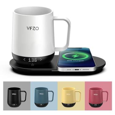 Imagem de VFZO Caneca inteligente de controle de temperatura, caneca de café autoaquecida, tela de LED, vida útil da bateria de 180 min - Quente até 65 °C, carregador rápido sem fio, base de design aprimorado,
