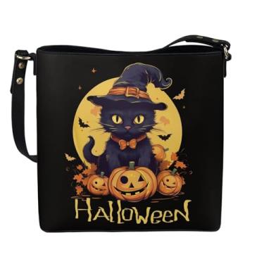 Imagem de HUGS IDEA Boho Bolsas femininas de couro, bolsa tiracolo tipo concha, Halloween Black Cat and Pumpkins, Large