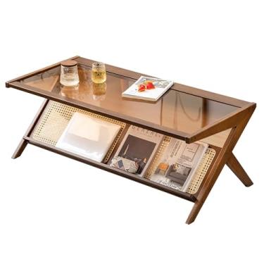 Imagem de Mesa de centro de vime em forma de Z, mesa central de bambu, rack de vime tecido à mão e mesa de vidro temperado, mesa de destaque para sala de estar, quarto
