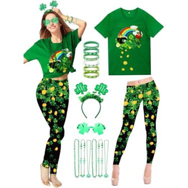 Imagem de Shihanee 16 Pcs Women St Patrick's Day Costume Set Irish Sequins Shamrock T-shirt and Legging with Funny Outfits Accessories(Coin, Large)