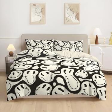 Imagem de Watbro Capa de edredom infantil, conjunto de cama hippie retrô, 3 peças, conjunto de cama de microfibra macia com fecho de zíper e laços de canto, roupa de cama feminina com fronha - damasco preto,