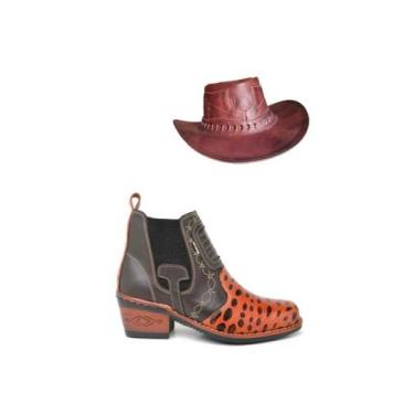 Imagem de Kit Bota Texana Rodeio + Chapéu Couro Legitimo Botina Country Elastico