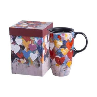 Imagem de Topadorn Caneca de viagem de cerâmica de 500 ml com tampa e alça, caneca de café latte de cerâmica em caixa colorida, segura para micro-ondas e lava-louças, coração, presente de dia das mães