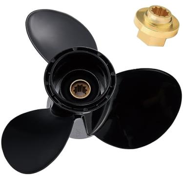 Imagem de Gaoyeer Hélice externa de alumínio de 10 3/8 x 13 (10 dentes estriados) para motores Mercury 9,9/15/18/20/25HP, RH, preto, 3 lâminas, número de peça OEM 48-19640A40