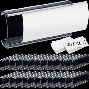 Imagem de 40 pacotes de suportes de etiqueta de plástico para prateleira de arame, suportes de etiqueta de plástico transparente, 3 x 3,17 cm, suporte para placa e bilhete com compatibilidade com prateleiras de metrô, inclui 40 peças de inserções de etiqueta