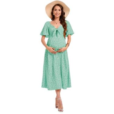 Imagem de FUNJULY Vestidos de maternidade para chá de bebê, feminino, gola V, comprimento até o joelho, vestido de chá de bebê, Verde-fc, GG