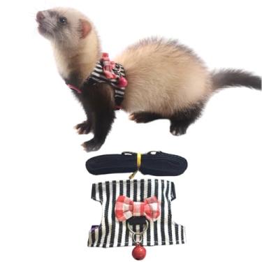 Imagem de Conjunto de coleira e coleira para caminhada ao ar livre para animais pequenos, com alça de peito para coelhinho, furão, porquinho-da-índia, hamster, gatinho, acessório (preto e branco, P)
