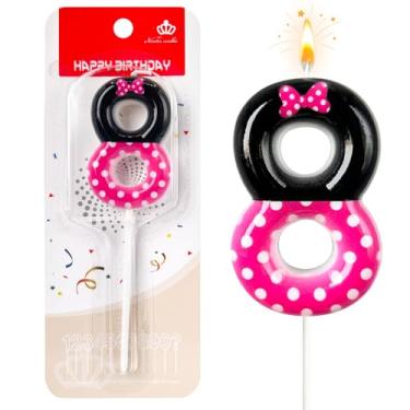 Imagem de JonesLi Velas de aniversário rosa e pretas para meninas, decorações de 8 anos para meninas, enfeite de bolo de rato rosa, decoração de cupcake, decoração de festa de aniversário com tema de desenho