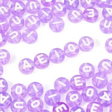 Imagem de Elcrelive 100 peças contas redondas de letras acrílicas contas do alfabeto vogal lilás transparente AEIOU amuletos espaçadores soltos 7 x 4 mm para pulseira da amizade colar joias de verão