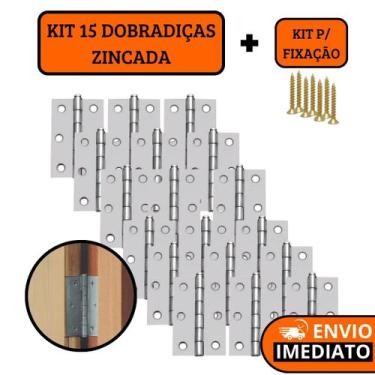 Imagem de Kit 15 Dobradiças Zincada Com Parafuso Para Porta De Madeira 6,4cm - O