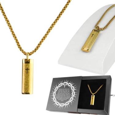 Imagem de cordao masculino dourado + pingente banhado cruz + caixa presente esti