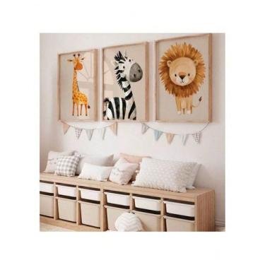 Imagem de Kit Quadros Decorativos Infantil  Animais Girafa Zebra  Leão Suave - N