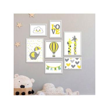 Imagem de Kit 7 Quadros Decorativos Placas Infantil Amarelo Balão Girafinhas - P