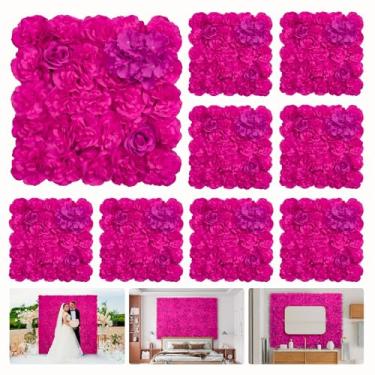Imagem de QinmiGarden Pano de fundo de parede de flores artificiais, painéis de parede florais, 9 peças de parede rosa de seda 3D de 16,5 x 16,5 polegadas, decoração floral de casamento falso para decoração de