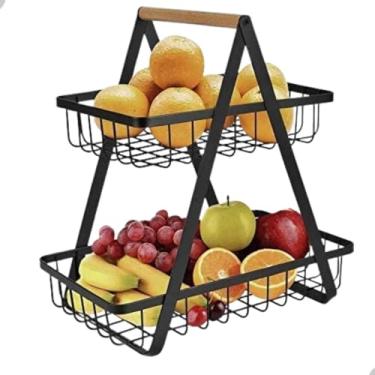 Imagem de Fruteira Aramada De Mesa Organizador De Frutas Cesto Em Metal Aramado 2 Andares Cor Preto ou Branco Multiuso Com Alça De Madeira (Preto)