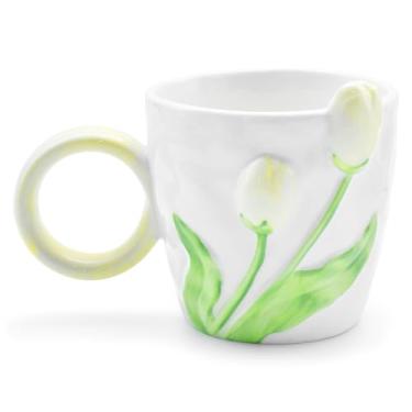 Imagem de Peclek Caneca de cerâmica tulipa elegante de 470 ml, xícara de café com design floral 3D, 480 ml para o dia dos namorados, Natal, dia das mães, presentes de aniversário para ela, namorada, mãe