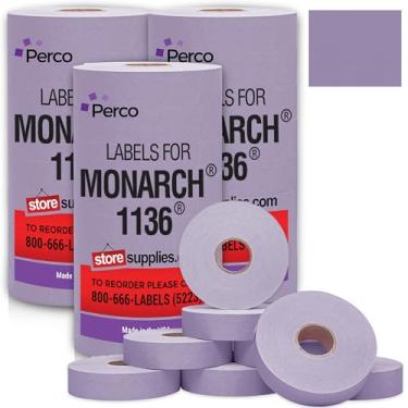 Imagem de Perco Etiquetas de preço de lavanda para Monarch 1136 Price Gun - 3 mangas, pacote econômico de 24 rolos - 42.000 etiquetas de marcação de preço - com rolos de tinta incluídos
