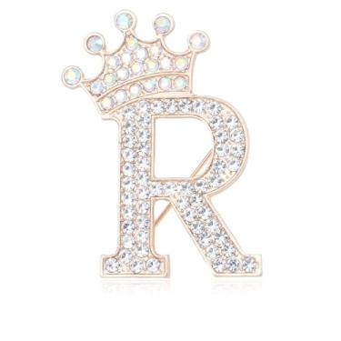 Imagem de Broche de letra inicial com coroa para mulheres, meninas, homens, meninos, broches de nome personalizado, artesanato, broche, colorido, strass, broche, ouro, A-Z, Zircônia cúbica