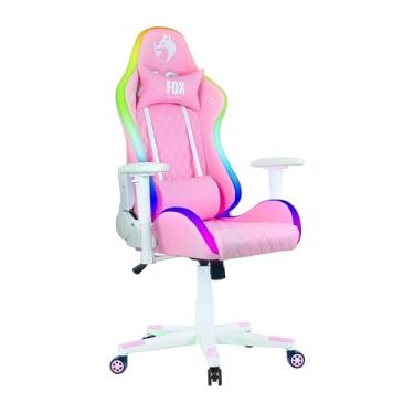 Imagem de Cadeira Gamer Fox Racer até 130kgs com Rgb e Iluminação Led com almofadas Reclinável Rosa logo Branca