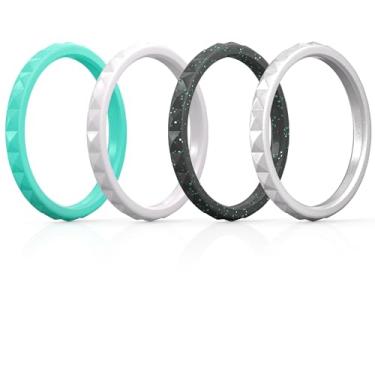 Imagem de ThunderFit Anéis de silicone finos e empilháveis para mulheres, alianças de casamento de borracha sem metais ou pedras preciosas, padrão de diamante, 2,5mm, 2mm - pacote variado
