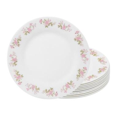 Imagem de Jogo 10 Prato Raso de Vidro Branco Flowers Pink 25,5cm Em Casa Tem - E