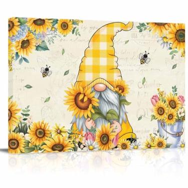 Imagem de Arte de parede com impressão em tela de gnomo de girassol - folhas de flores de abelhas em fundo de jornal vintage - decoração de parede pinturas de arte modernas imagens para sala de estar esticadas
