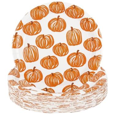 Imagem de Pratos de papel Fall Pumpkins Hello Pumpkin descartável 18 cm prato de sobremesa outono laranja linha branca utensílios de mesa para dia de ação de graças, aniversário, chá de bebê suprimentos de