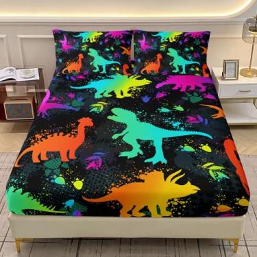 Imagem de AILONEN Jogo de lençol solteiro com elástico de dinossauro, azul e roxo, dinossauro, com 2 fronhas, 3 peças, jogo de lençol de dinossauro preto macio gradiente
