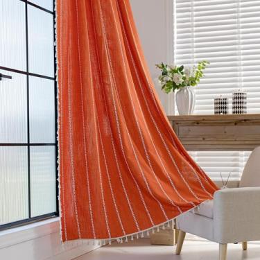 Imagem de Erbnaryx Cortinas Boho bordadas para sala de estar quarto 1 painel L 159 x C 192 bolso laranja, listrado fazenda chique texturizado, borlas vintage feito à mão decoração country drapeado.