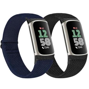 Imagem de Pacote com 2 pulseiras de nylon elásticas compatíveis com Fitbit Charge 6/Fitbit Charge 5, clássica, macia, respirável, ajustável, esportiva, para mulheres e homens (azul marinho + preto)