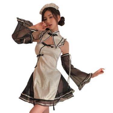 Imagem de SENJIY sexy cheongsam dress for women Lingerie Chinese Qipao cosplay Costume outfit anime Roleplay Floral Lace High Split Chemise Babydoll Thong Headpiece Set