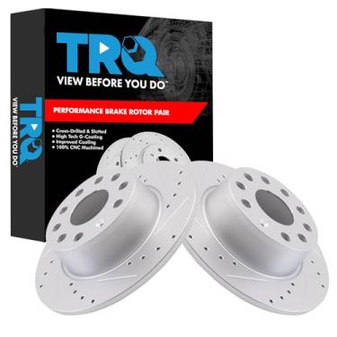 Imagem de TRQ Conjunto de rotores de freio traseiro de desempenho premium G-Coated Slotted X Drilled Compatível com Volkswagen Jetta 2019-2021 2022-2023 Taos