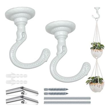 Imagem de Evsteluo Ganchos grandes para teto resistentes com kit completo de ferragens - Ideal para pendurar plantas, instalação de teto e drywall (2 conjuntos brancos)