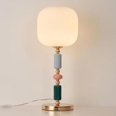 Imagem de FALINNEAD Abajur de vidro branco leite candeeiro de mesa moderno de metal com interruptor de cabo de tomada para quarto e sala de jantar