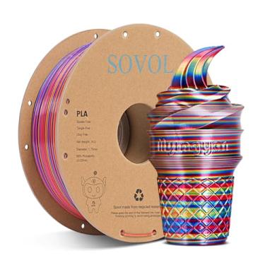 Imagem de Sovol Filamento PLA de seda rotacionado tricolor coextrusão 1,75 mm 1 kg (2,2 lbs) Filamento de impressora 3D de mudança rápida, vermelho fosco dourado azul 3 em 1 material PLA de coextrusão +/-0,03