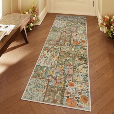 Imagem de Uphome Tapete de corredor de patchwork, tapete de corredor de cozinha floral caramelo 5 x 15 cm, antiderrapante, lavável, macio, boêmio, tapete para quarto, resistente a manchas de flores neutras para