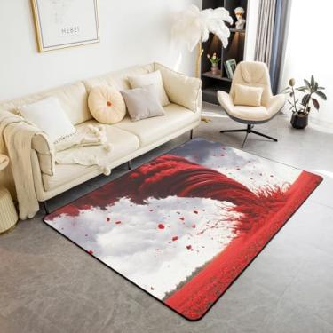 Imagem de Tornado Kids Area Rug, Roses Flores Nuvens Escuras Tapete de Entrada Romântico Interior Tapete de Entrada, Cenário de Desastres Naturais, Tapete Antiderrapante, Vermelho Cinza Cadeiras Sofá Sala de