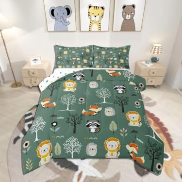 Imagem de jejeloiu Jogo de cama casal com tema da natureza, desenho animado, animal, para meninos, meninas, adolescentes, árvores e flores, respirável, macio, leve, microfibra, animais fofos, edredom